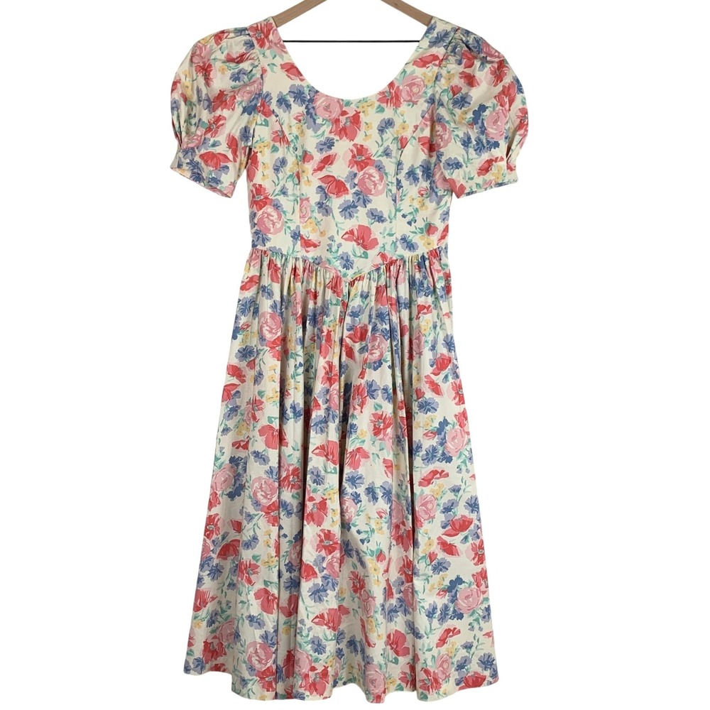 VTG Laura Ashley Floral Back Bow Cotton Midi Dress Sz US 12 Great Britain